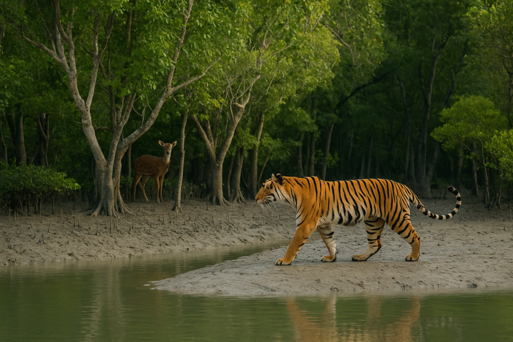 Royal Bengal Tiger walking along the muddy banks in Sundarban mangrove forest with a spotted deer in the background