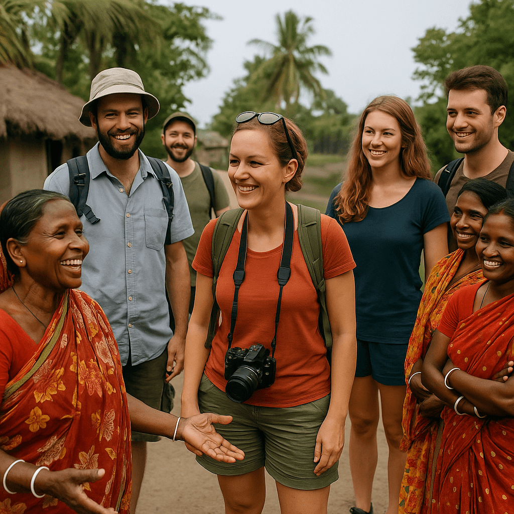 Tourists interacting with locals in a Sundarban village